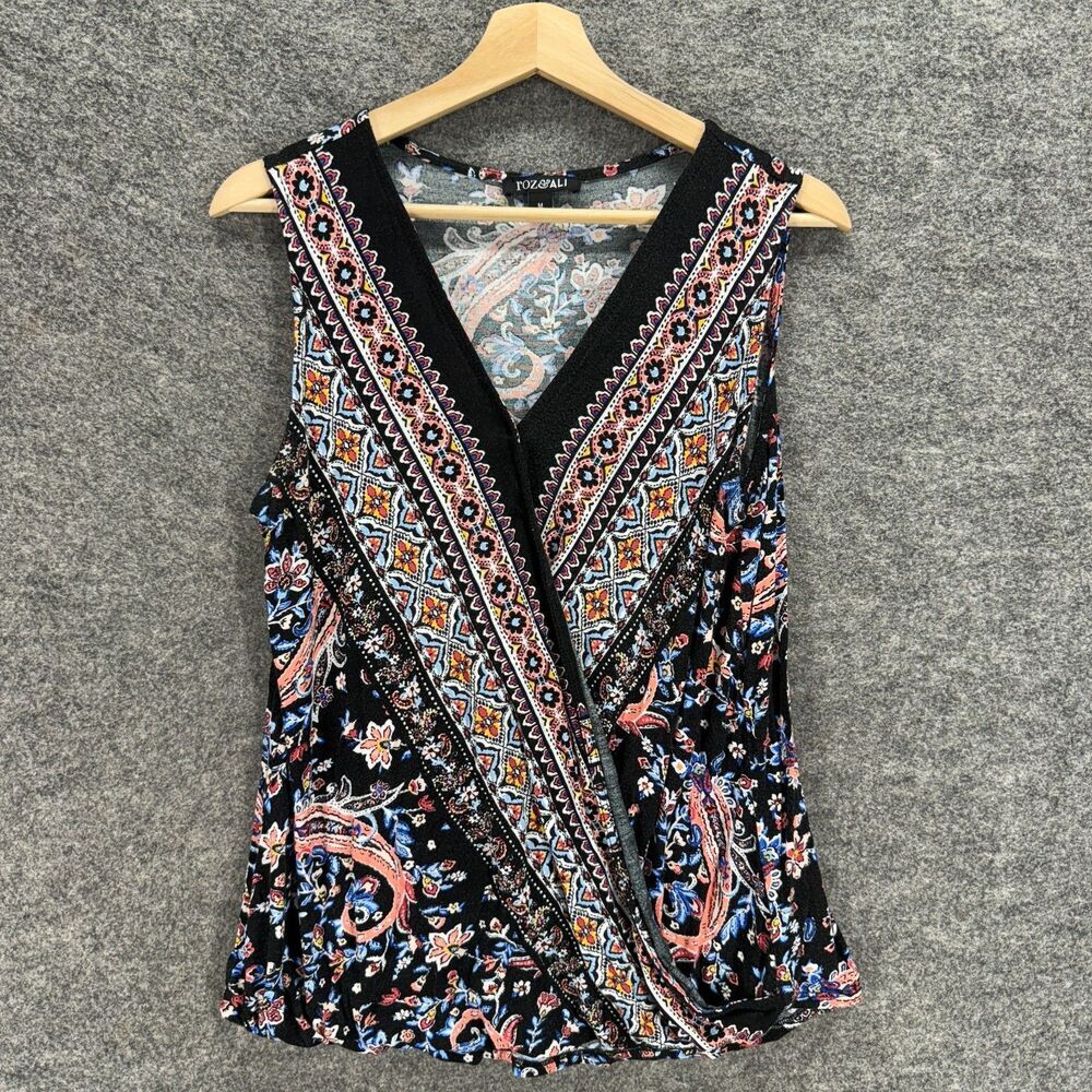Roz & Ali Blouse Women M Medium Black Floral V-Neck Sleeveless Wide Strap Rayon